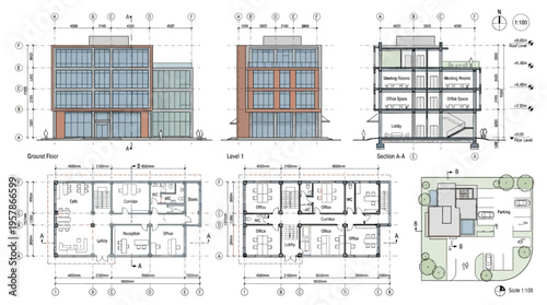 Architectural drawings showcasing building blueprints and floor plans of a modern office structure