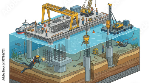 Construction of an offshore platform and underwater foundation with divers and heavy machinery