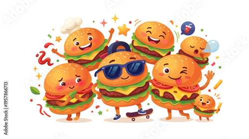 A delightful and vibrant illustration of happy, anthropomorphic burgers celebrating with confetti and stars, some wearing sunglasses and one riding a skateboard