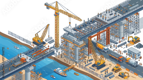 Bild auf Leinwand Massive bridge construction project underway with heavy machinery, vehicles, and