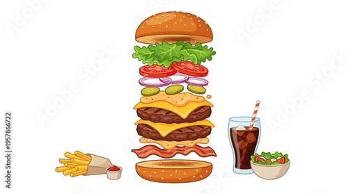 Exploded view of a double cheeseburger with bacon, lettuce, tomato, onion, pickles, and fries with a soda drink and side salad