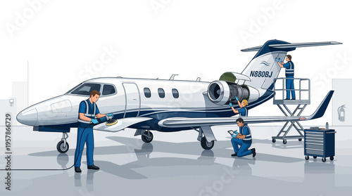 Skilled aviation technicians meticulously perform routine maintenance and servicing on a sleek private jet aircraft in a well-lit hangar environment