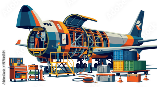 Cargo plane undergoing extensive maintenance and construction with specialized equipment and technicians