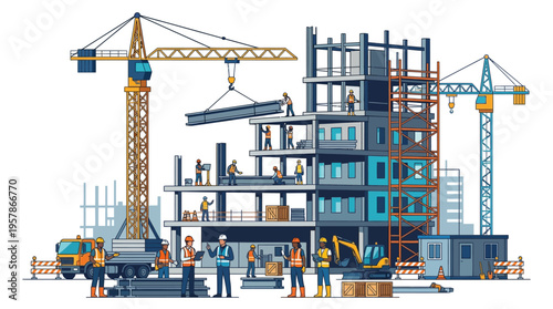 Construction site with cranes, builders, and unfinished building under development
