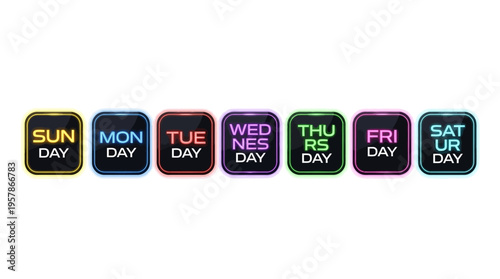 Seven days of the week in vibrant illuminated frames, a graphic representation of time's passage
