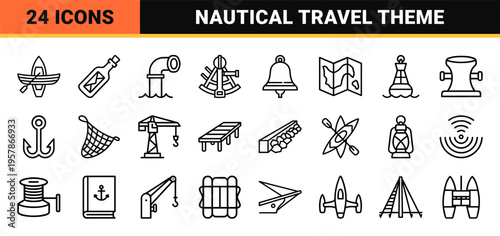 Maritime Navigation and Nautical Travel Geometric Line Art Set featuring Minimalist Monoline Ships, Boats, and Marine Exploration Elements