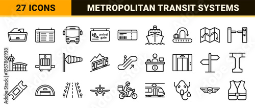 Urban Mobility and Aviation Infrastructure Geometric Line Art: Minimalist Monoline Symbols for Airport Transit and City Travel Systems.