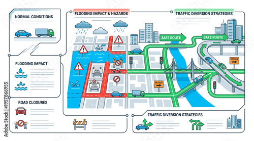 Illustration detailing how flooding impacts urban traffic with road closures and diversion strategies to ensure safe routes