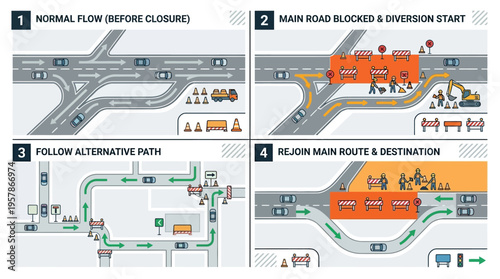 Traffic management plan illustrating road closure, diversion, alternative route, and reconnection to main destination