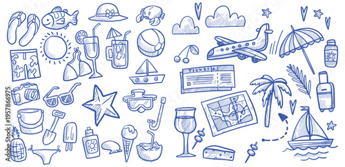 Summer beach elements hand drawn doodle set