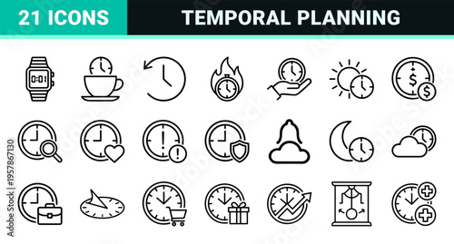 Time Management and Chronometry Line Art: Minimalist Monoline Geometric Outline Icons for Productivity and Scheduling Business Utility