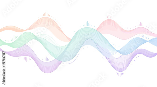 Abstract sound wave visualization with pastel colors representing data flow and frequency spectrum