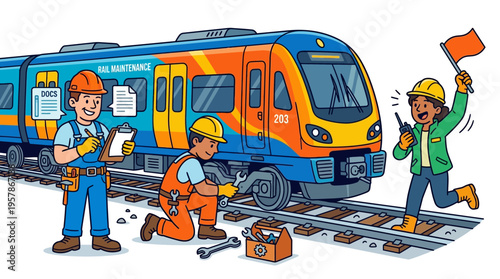 Train station workers performing maintenance and repairs on a railway car on the tracks