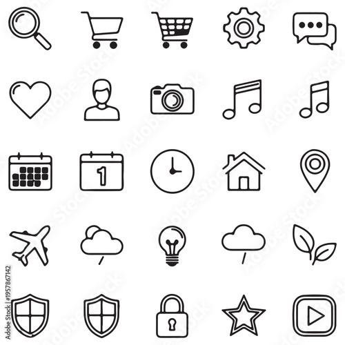 Set of 25 hand-drawn minimalist web and mobile app icons representing common digital functions and interface elements arranged in a clean grid for UI/UX design and creative projects.