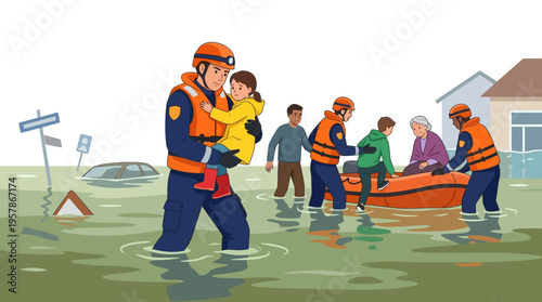 Emergency responders in uniform assisting people through floodwaters, some carrying children to safety