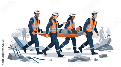 Emergency responders carefully carry a patient on a stretcher through a disaster zone