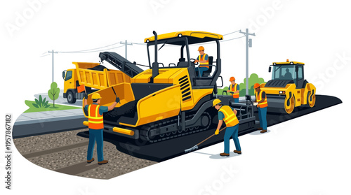 Road Construction and Paving Crew Working Together on a New Asphalt Surface