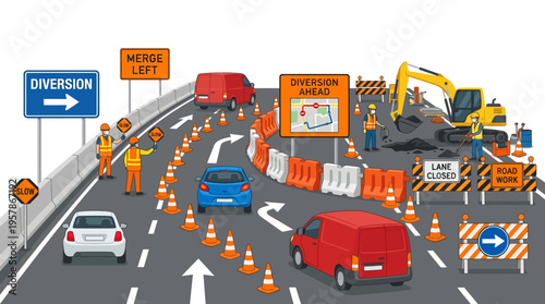 Road construction and traffic diversion due to highway maintenance with warning signs and safety equipment