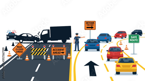 Traffic accident on highway with police directing detour and safe route signs, illustrating road closure and diversion due to an emergency