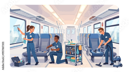 Dedicated cleaning crew meticulously sanitizing a passenger train interior, ensuring a pristine environment for commuters