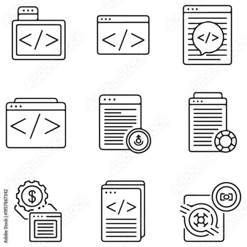 Minimalist web development and software coding line art icon set featuring browser windows, code brackets, tech support symbols, and monetization gears on a clean white background.