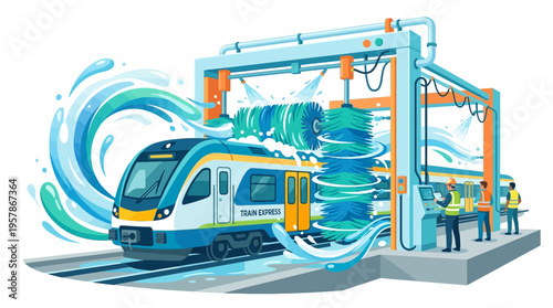 Train wash station with brushes and water jets, illustration of a modern train being cleaned
