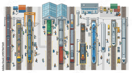 Diverse collection of trains and passengers at a bustling railway station, seen from above