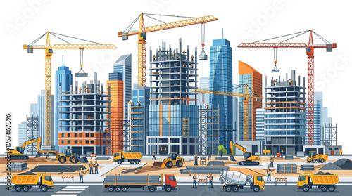 A bustling urban landscape under construction, showcasing a vibrant city skyline with towering skyscrapers and active building sites, cranes, trucks, and equipment shaping the future of the metropolis