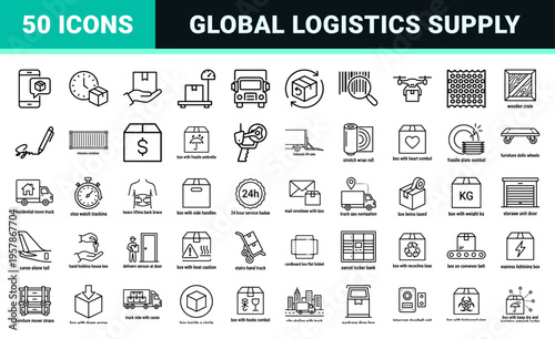 Global Logistics and Moving Service Minimalist Monoline Icon Set featuring Geometric Line Art for Shipping, Delivery, and Relocation.