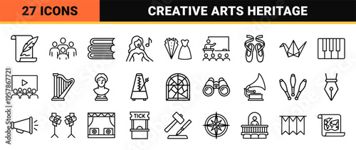 Global Arts and Culture Minimalist Monoline Symbol Set featuring Cinema, Theater, Literature, and Fine Arts Icons in Geometric Line Art Style.