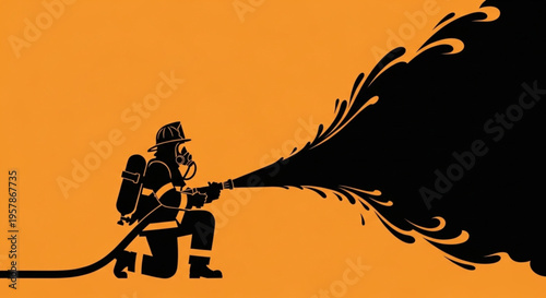 Firefighter Spraying Black Substance from Hose Symbolizing Emergency Response and Danger Mitigation Efforts