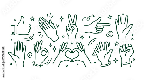 Collection of green line art hand gestures icons including thumbs up, clapping, heart and okay sign on white background, ideal for social media stickers, website UI design and mobile app graphics