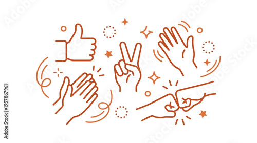 Set of hand gesture icons including thumbs up victory sign waving clapping and fist bump with sparkle elements, ideal for business communication marketing banners and social media engagement posts