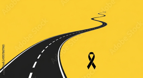 A Winding Road Towards a Somber Future, Symbolized by a Black Ribbon on a Vibrant Yellow Background