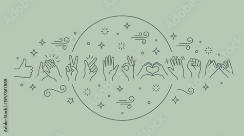Minimalist line art illustration of various hand gestures and non-verbal communication symbols on a soft green background, ideal for social media engagement, mental health and community banners
