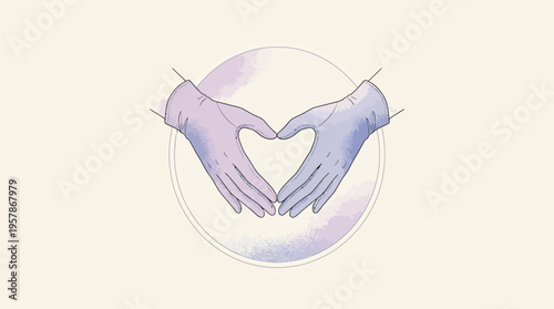 Medical professional surgeon hands wearing purple gloves forming heart symbol over watercolor circle background, ideal for healthcare marketing, nurse appreciation and hospital advertising