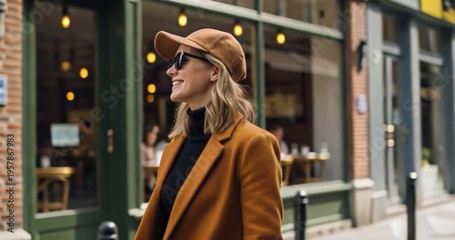 Woman walking urban street smiling daylight
