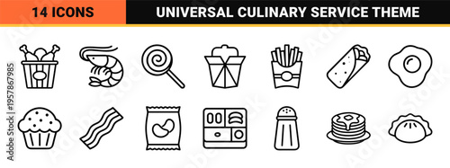 Global Fast Food and Culinary Delicacies Minimalist Monoline Outline Set for Menu Design and Restaurant Branding Interface Elements