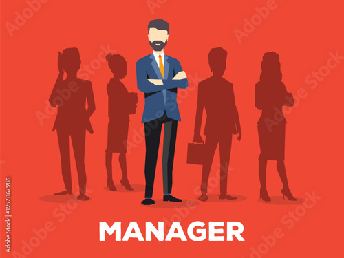 Business manager with crossed arms standing among employee silhouettes on a red background