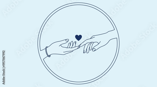 Minimalist line art illustration of two human hands reaching each other with a heart symbol in a circle frame, ideal for charity campaigns, wedding invitations and romantic gift card designs