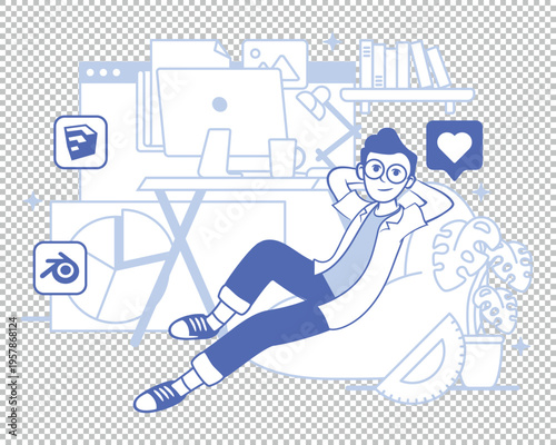 Creative designer relaxing in bean bag chair surrounded by work and digital tools