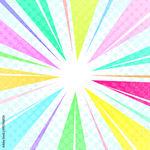 バブルが飛び出すカラフルで派手で目立つ集中線白色背景ベクター素材。1:1のスクエア正方形バナー用