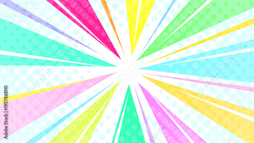 バブルが飛び出すカラフルでキュートでポップな集中線白背景ベクター素材。16:9のYouTubeサムネ広告用