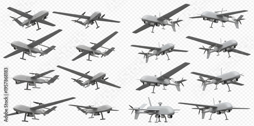 Collection of unmanned aerial vehicles (UAVs) in various perspectives, showcasing drone technology and military surveillance aircraft.