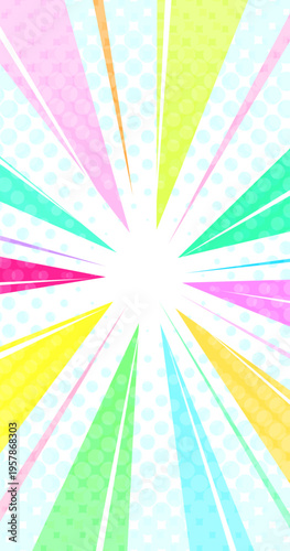 バブルが飛び出すカラフルでかわいい集中線ホワイト背景ベクター素材。スマホに最適な縦型