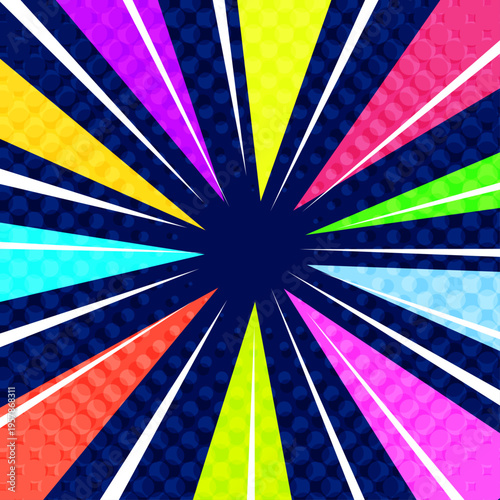 バブルが飛び出すカラフルで派手で目立つ集中線紺色背景ベクター素材。1:1のスクエア正方形バナー用