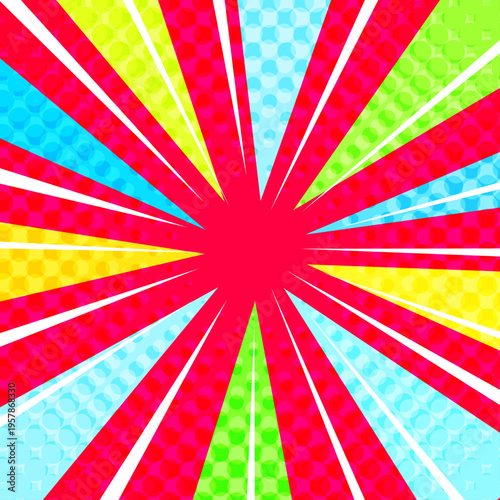 バブルが飛び出すカラフルで派手で目立つ集中線赤背景ベクター素材。1:1のスクエア正方形バナー用