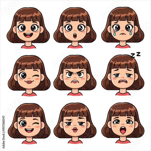 Emotive cartoon girl facial expressions