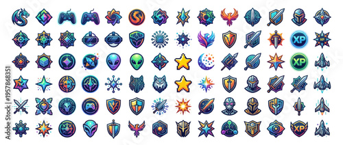 Collection of colorful gaming icons and symbols.