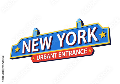 Classic New York City Urbant Entrance Signage in Red, White, and Blue with Stars